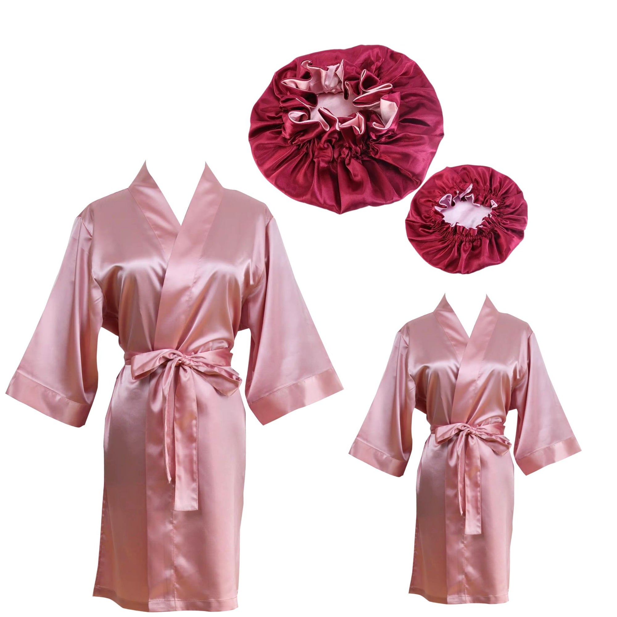 Mommy and me Pink Silky Satin Robes and matching Bonnets  | Mother daughter spa robes matching bonnets