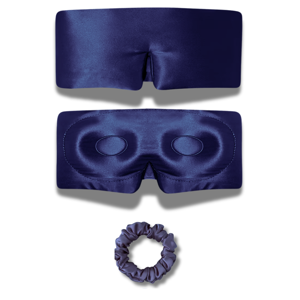 navy 100% Mulberry Silk Sleep Eye Mask & Hair Scrunchie Set 3d 