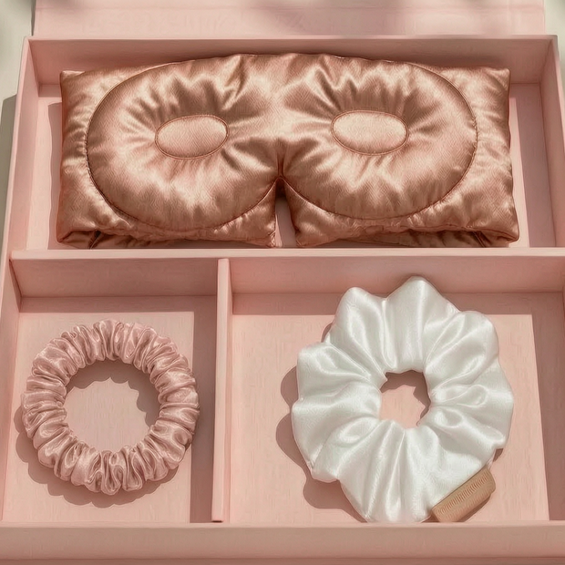 Luxury mulberry silk gift set with a 3D eye mask, a blush pink scrunchie, and a white silk scrunchie in a pink box.