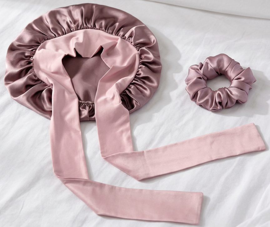 Mulberry Silk bonnet Sleep Set for hair with stretchy ties & matching scrunchie set