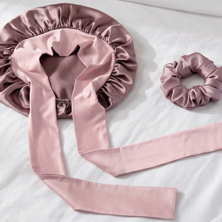 Mulberry Silk bonnet Sleep Set for hair with stretchy ties & matching scrunchie set