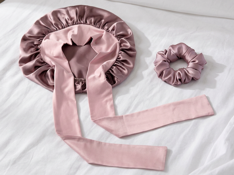 Mulberry Silk bonnet Sleep Set for hair with stretchy ties &amp; matching scrunchie set