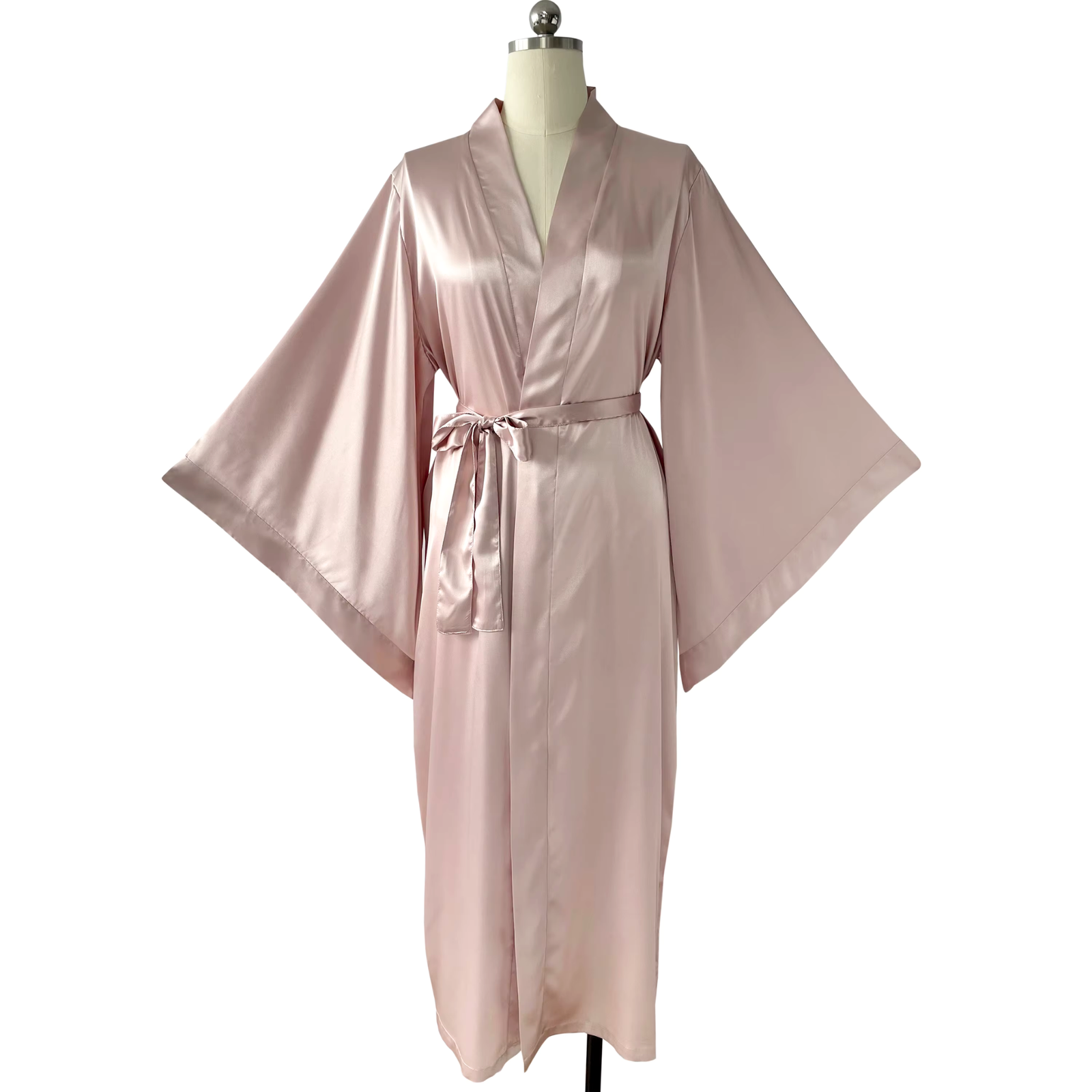 Luxury Long Silky Satin Kimono Robe- Full length light pink
