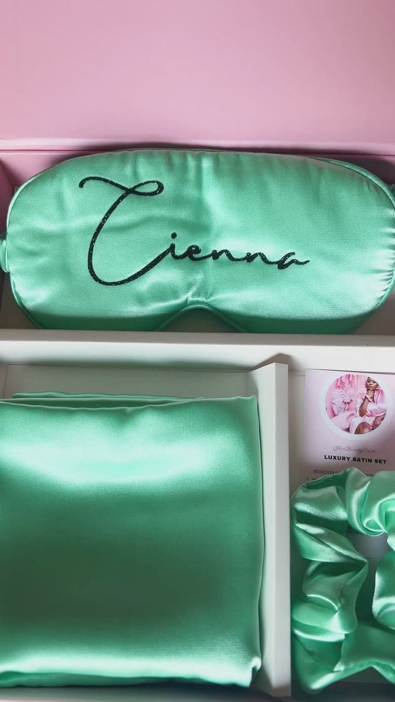 Personalized Name Satin Eye Mask Gift set box  & Pillowcase Sleep Set + Hair Scrunchie spa self care gift for her green