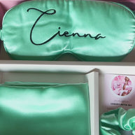 Personalized Name Satin Eye Mask Gift set box  & Pillowcase Sleep Set + Hair Scrunchie spa self care gift for her green