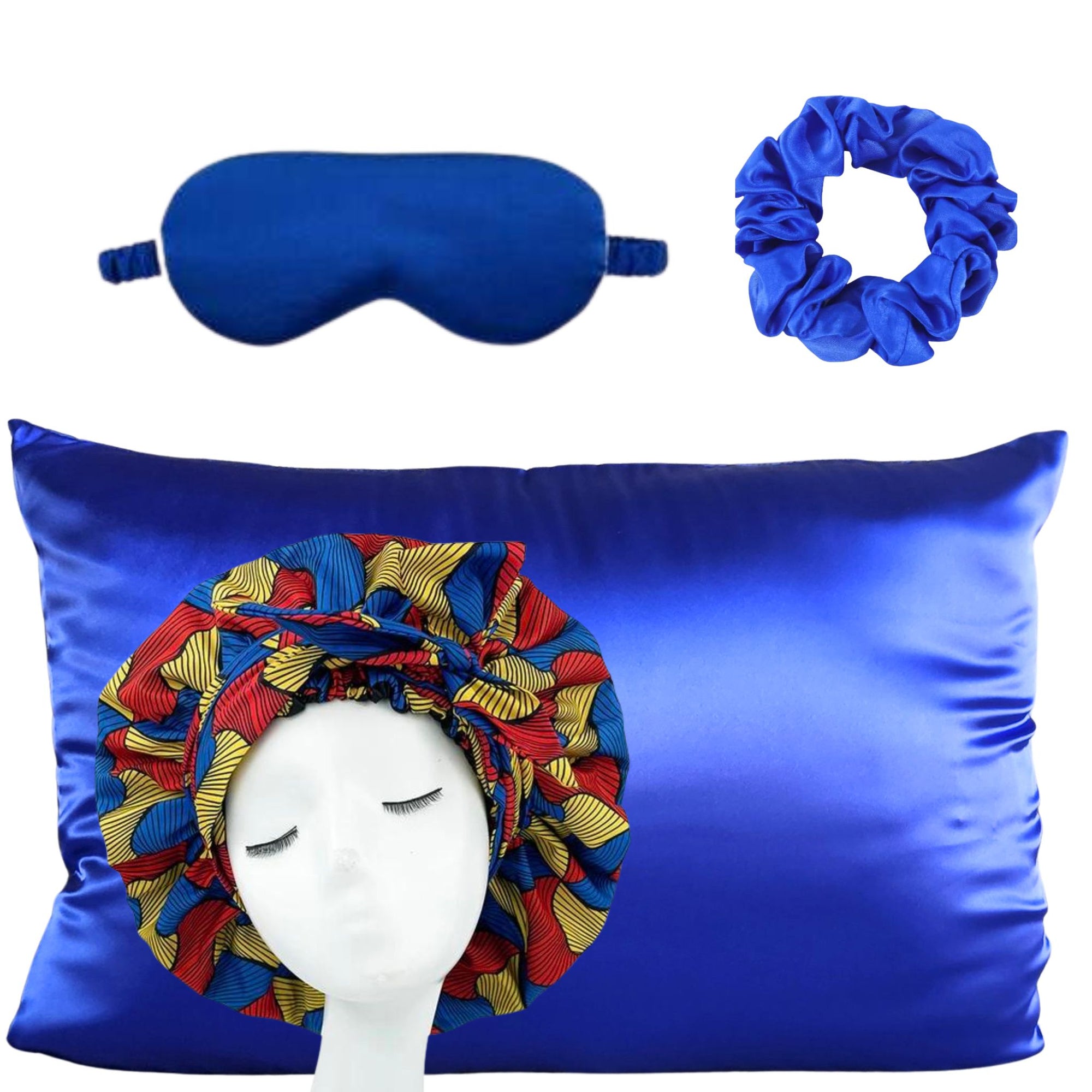 Printed Satin Bonnets with tie Set- pillowcase eye mask with matching scrunchie