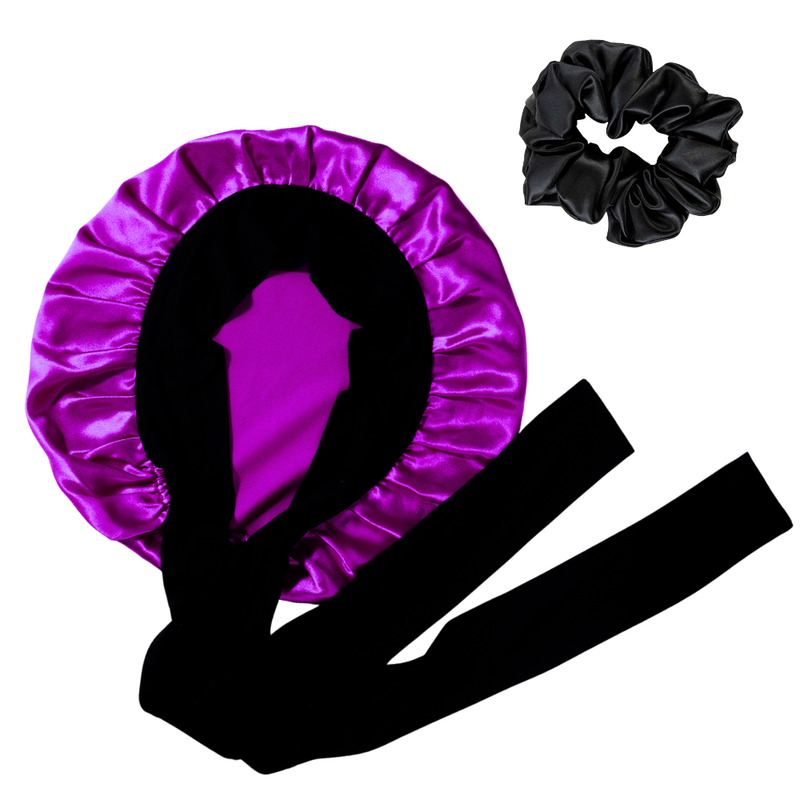 100% Mulberry Silk bonnet with stretchy ties &amp; matching scrunchie set for hair