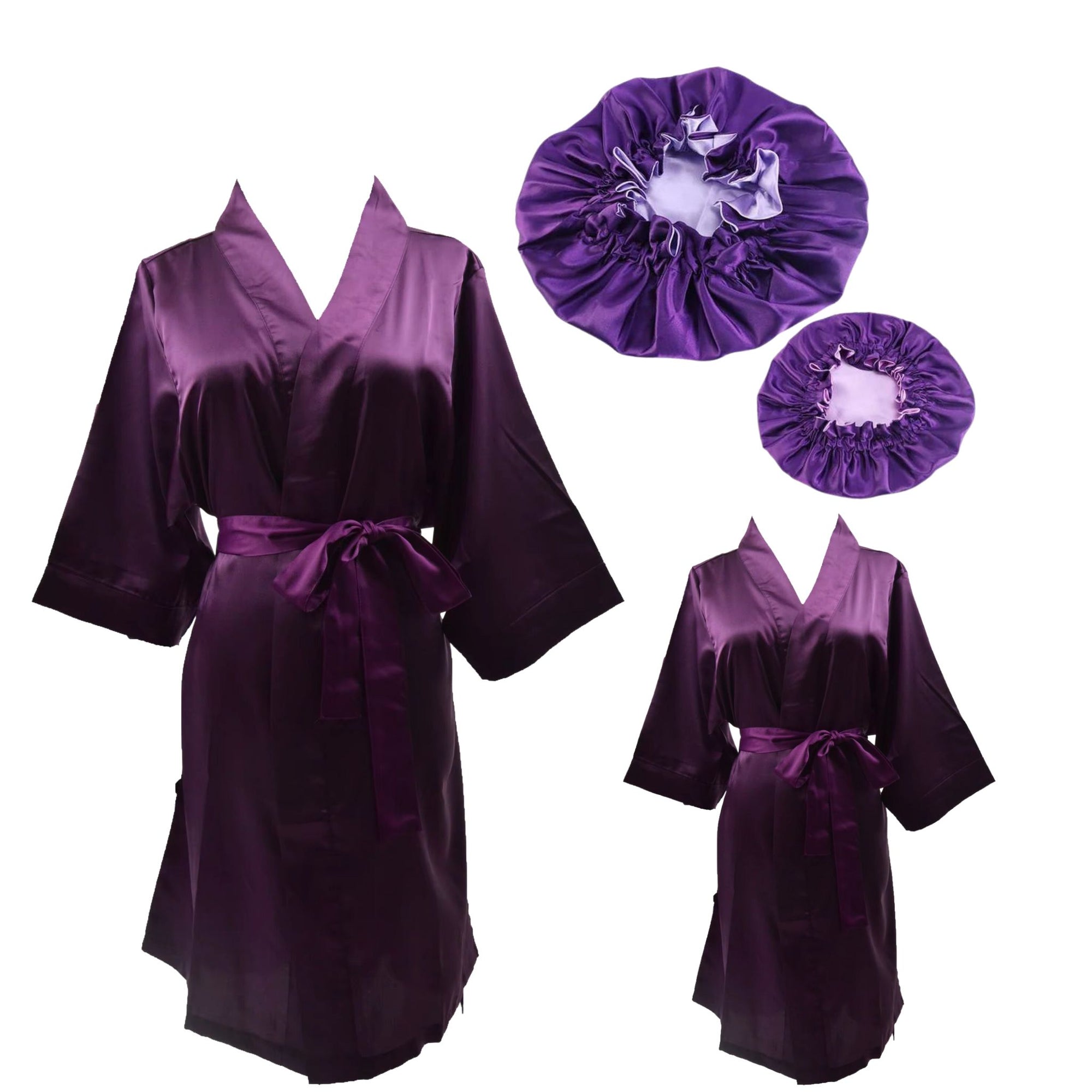 Mommy and me Purple Silky Satin Robes and matching Bonnets  | Mother daughter spa robes matching bonnets