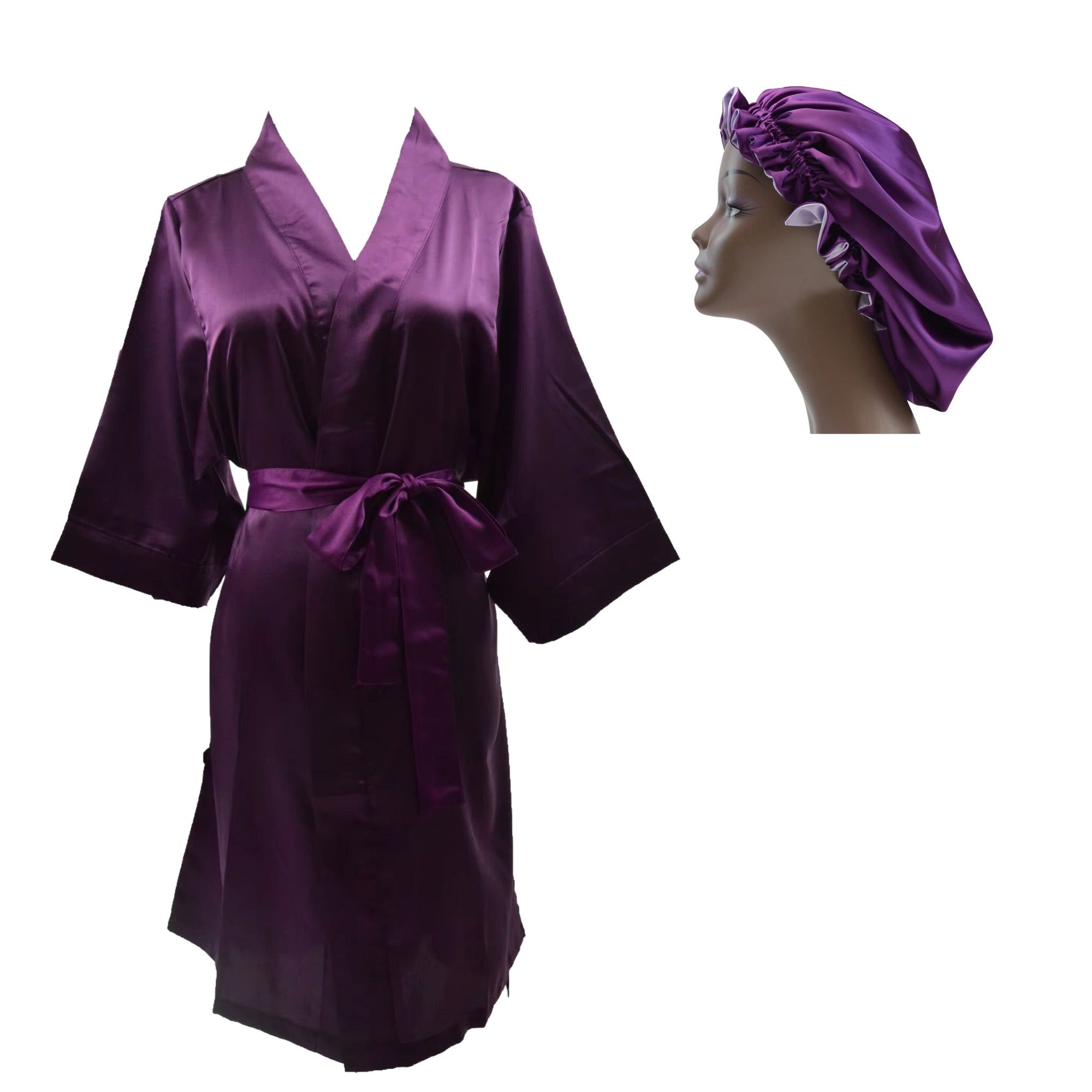 purple satin robe with matching bonnet