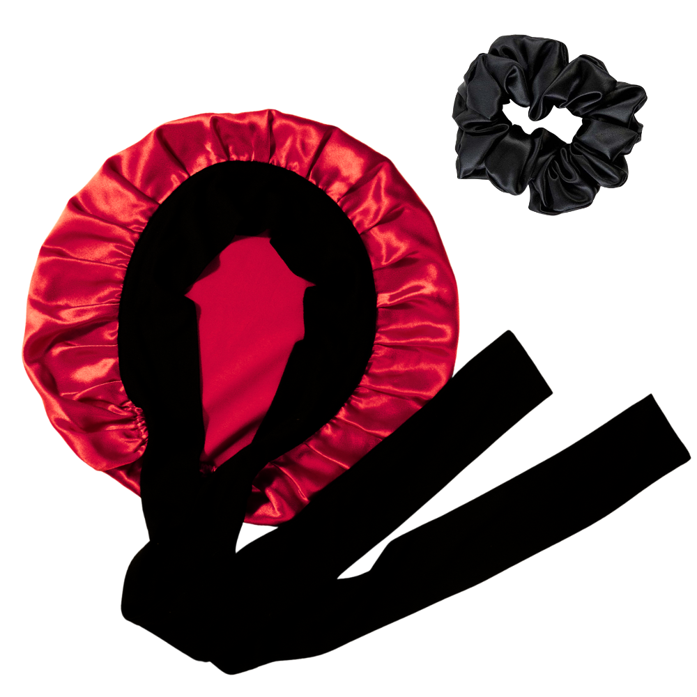 100% Mulberry Silk bonnet with stretchy ties & matching scrunchie set for hair