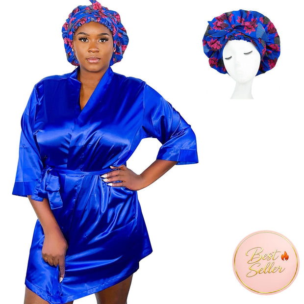 Royal Blue Satin Robe and Bonnet with tie
