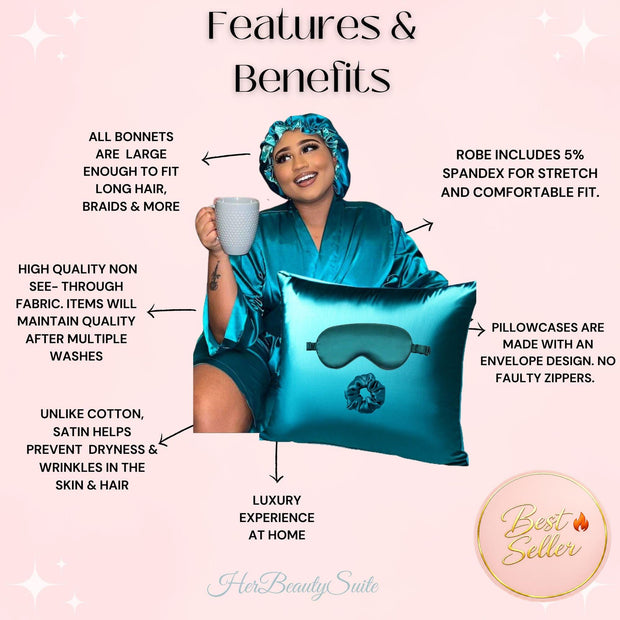 Woman in a teal satin robe and matching bonnet, holding a mug, with a teal satin pillow, eye mask, and scrunchie.