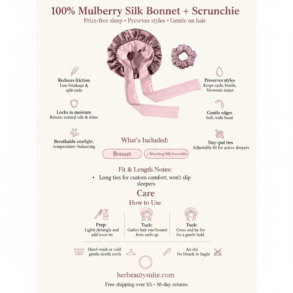 Dusty rose mulberry silk sleep bonnet with long adjustable ties and a matching silk hair scrunchie on a product info card.
