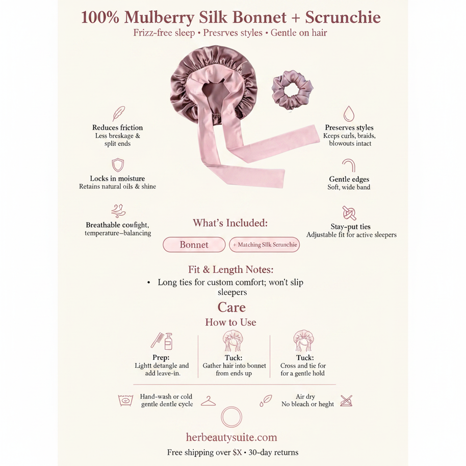 Dusty rose mulberry silk sleep bonnet with long adjustable ties and a matching silk hair scrunchie on a product info card.