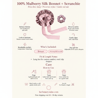 Dusty rose mulberry silk sleep bonnet with long adjustable ties and a matching silk hair scrunchie on a product info card.