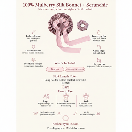 Dusty rose mulberry silk sleep bonnet with long adjustable ties and a matching silk hair scrunchie on a product info card.