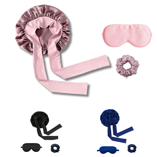 Mulberry silk bonnet, eye mask, and scrunchie gift sets in pink, black, and navy blue.