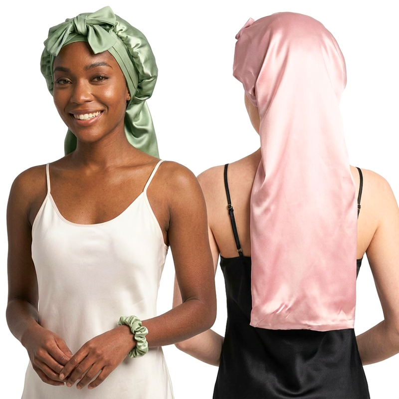 Extra Long Mulberry Silk Bonnet for long hair with ties for sleeping