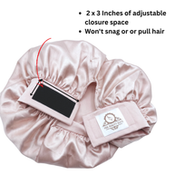 Light pink double-layered mulberry silk bonnet with an adjustable non-snag hook and loop closure strap.