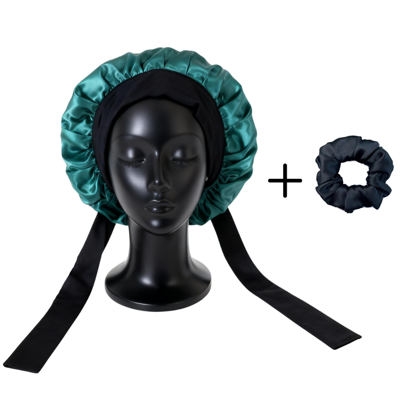 100% Luxury Mulberry Silk bonnet with stretchy ties &amp; matching scrunchie set for hair - 22 momme