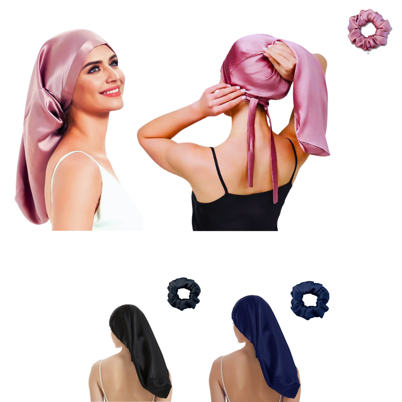 100% Mulberry Silk Long Light weight bonnet with ties &amp; matching scrunchie set for long hair