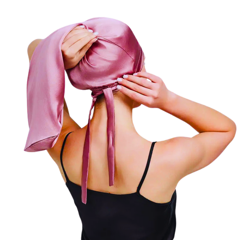 100% Mulberry Silk Long Light weight bonnet with ties &amp; matching scrunchie set for long hair