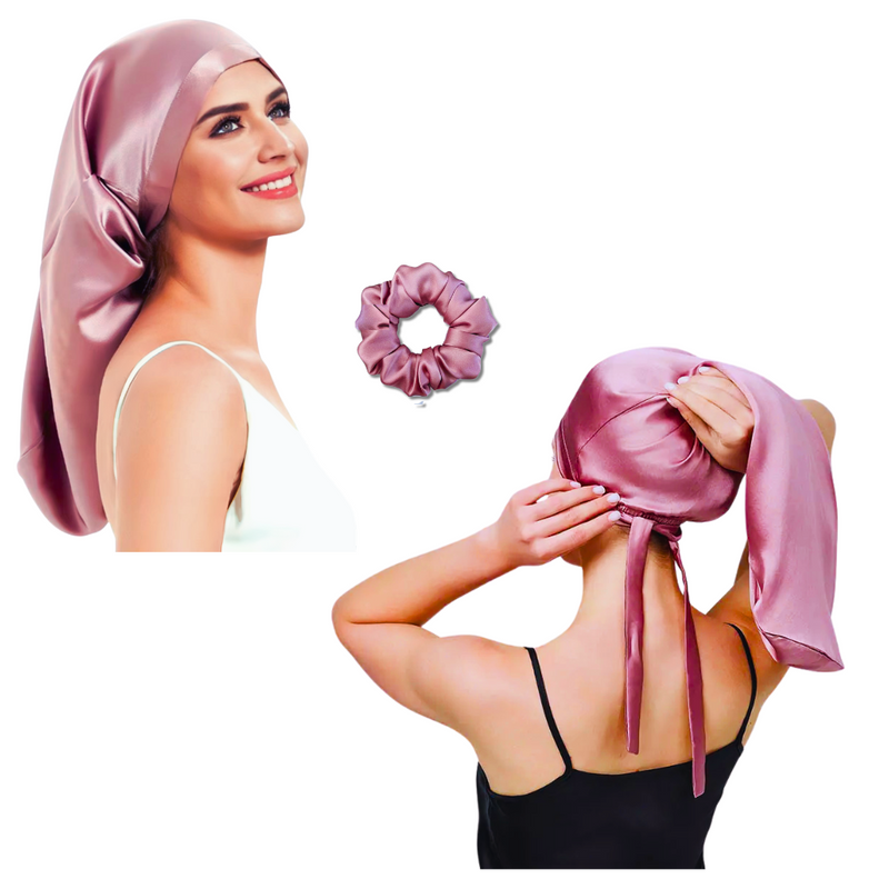 long Pink silk bonnet for long hair