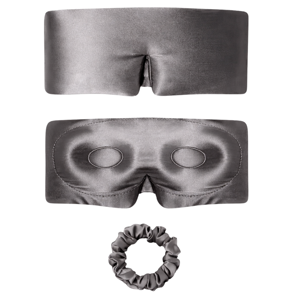 Juego de funda de almohada, antifaz y coletero para el pelo 100 % seda de morera, color negro