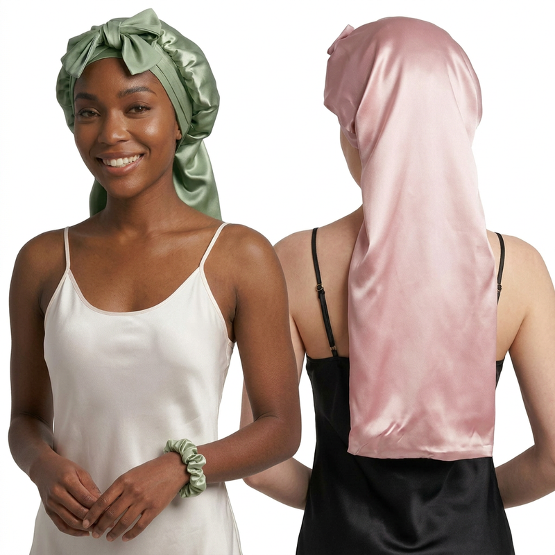 Extra Long Mulberry Silk Bonnet for long hair with ties for sleeping
