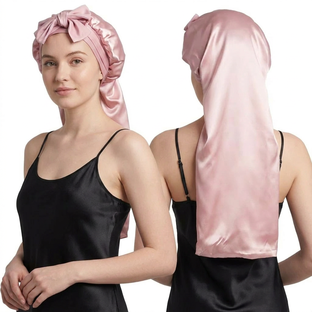 Woman modeling a long, pink mulberry silk bonnet with a bow and ties, front and back views.