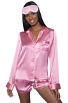 Pretty in Pink-2 piece satin pajama set with long sleeve top and satin shorts + matching satin sleep eye Mask