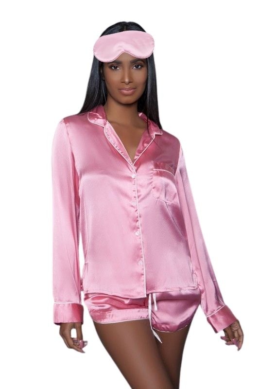 Women's Silk Satin Pajamas PJ Set Top and Bottom Pink Black Piping -   Canada