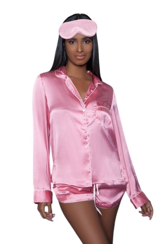 Pretty in Pink-2 piece satin pajama set with long sleeve top and satin shorts + matching satin sleep eye Mask