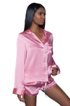Pretty in Pink-2 piece satin pajama set with long sleeve top and satin shorts + matching satin sleep eye Mask