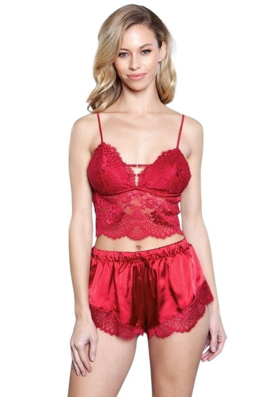 Be My Valentine- Red 2 Piece Lace detail crop top and satin lace short -  HerBeautySuite