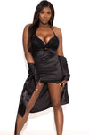 Black Satin set w Lace trim Slip + matching black thong underwear 2 piece set