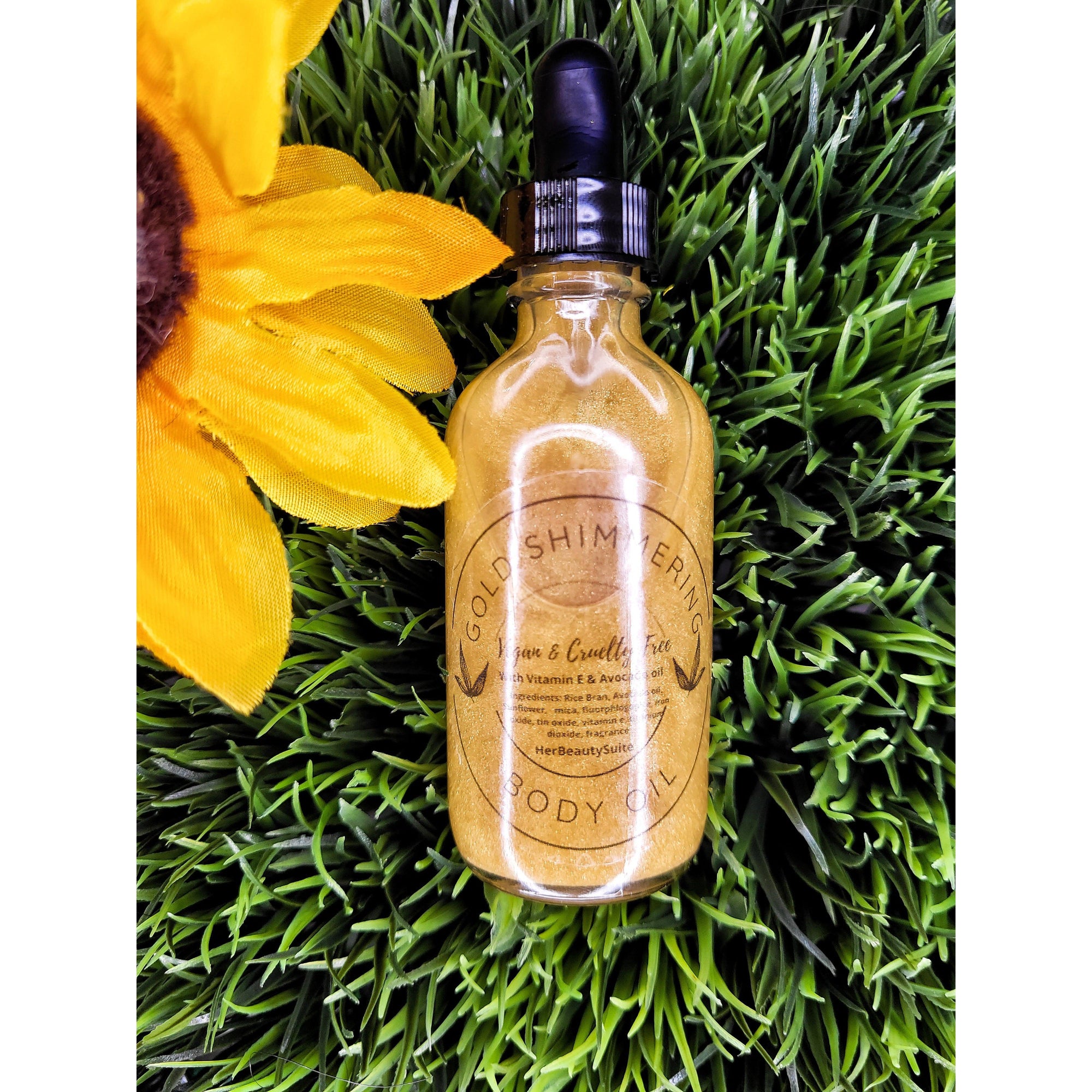 Goddess Glow Gold Shimmering Glow Body Oil- with Rice Bran, Vitamin E and Avocado oil Vegan & Cruelty Free