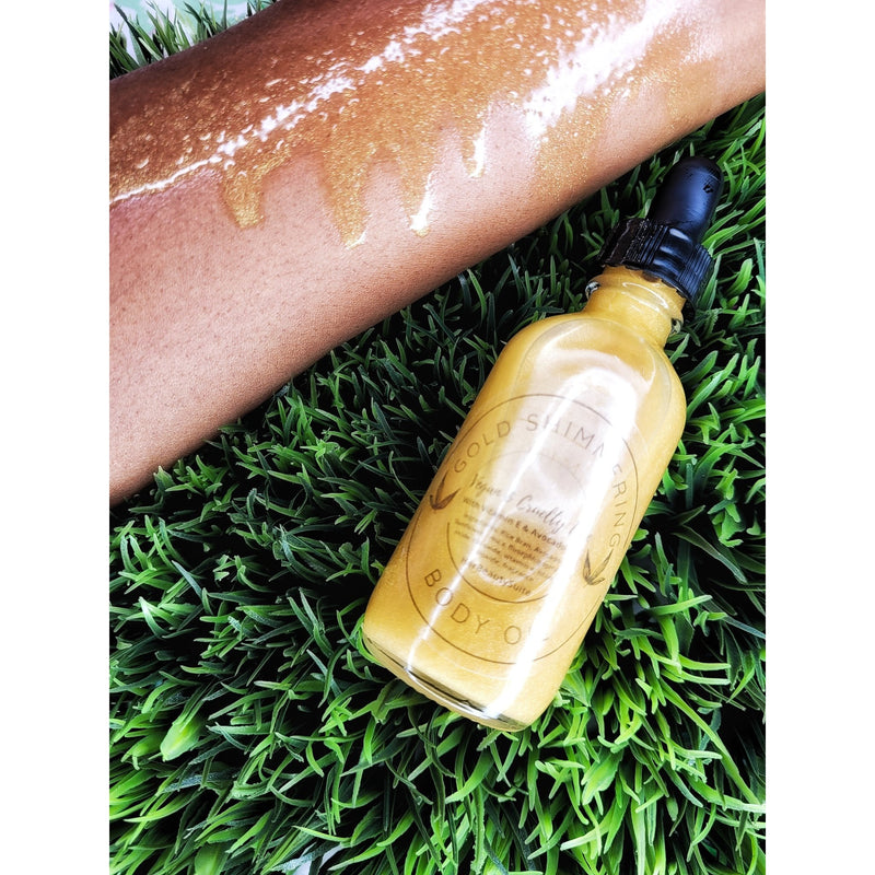Goddess Glow Gold Shimmering Glow Body Oil- with Rice Bran, Vitamin E and Avocado oil Vegan &amp; Cruelty Free