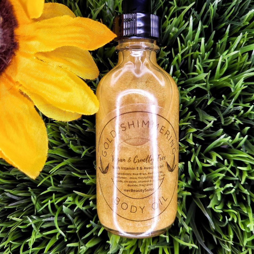 Goddess Glow Gold Shimmering Glow Body Oil- with Rice Bran, Vitamin E and Avocado oil Vegan & Cruelty Free