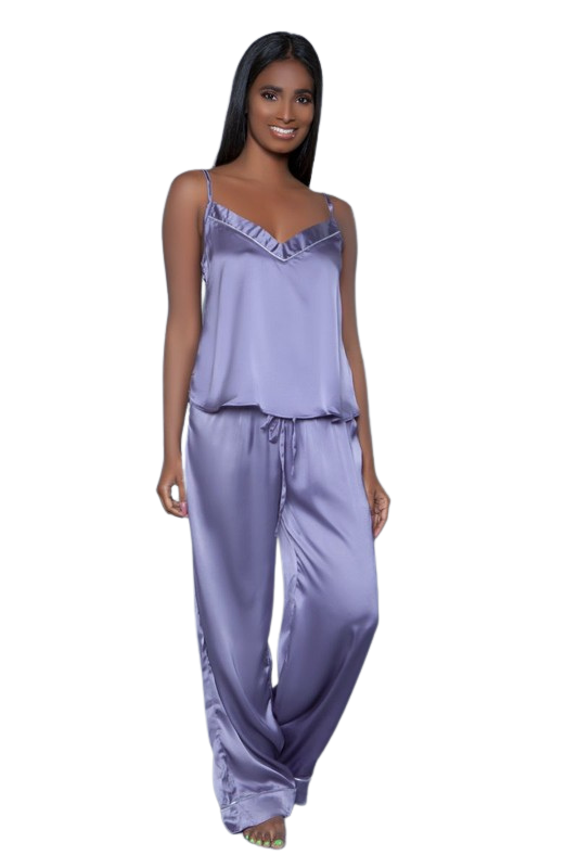 Purple Pad Set Women's Satin Patchwork Lace Slip Dress And Robe Pajama Set