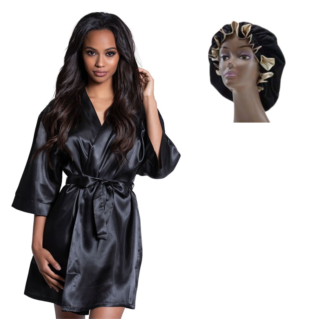 black Satin Robe and bonnet set 