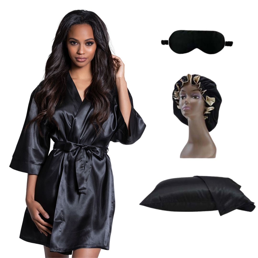black Satin Robe and bonnet set with reversible bonnet (size S-4xl)