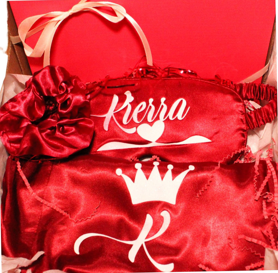 Red satin custom robe, sleep mask with 