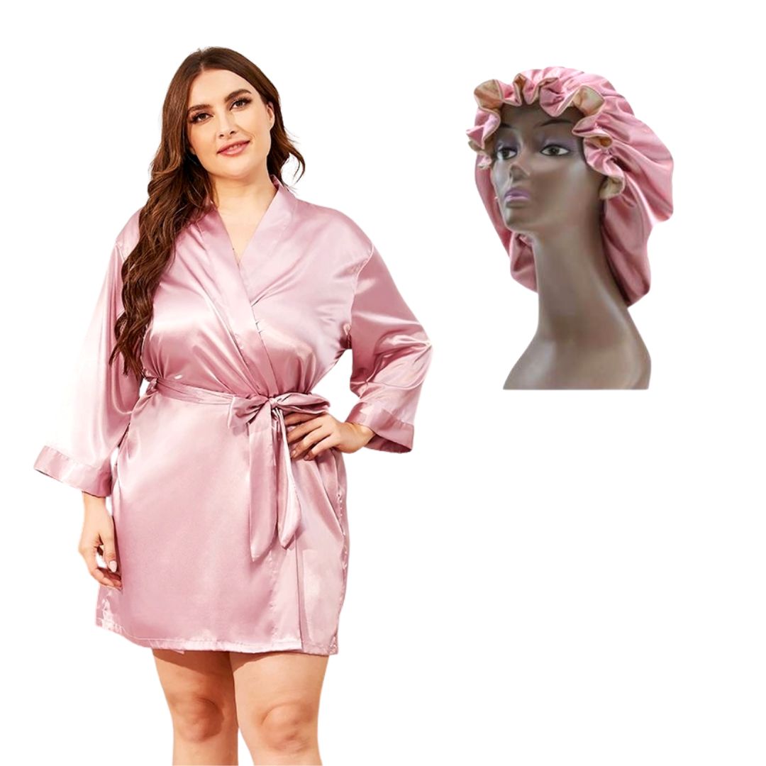  pink silky Satin Robe and bonnet set with reversible bonnet (size S-4xl)