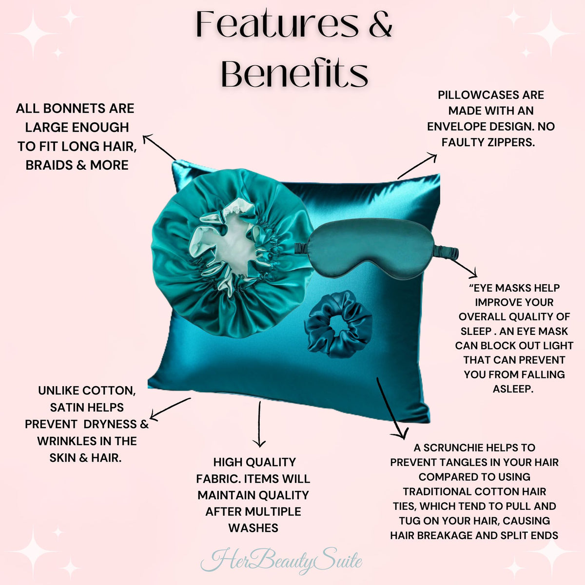 Beauty Sleep Satin Pillowcase, Customized Bonnet, Eye Mask, hair scrunchie set for hair and skin benefits