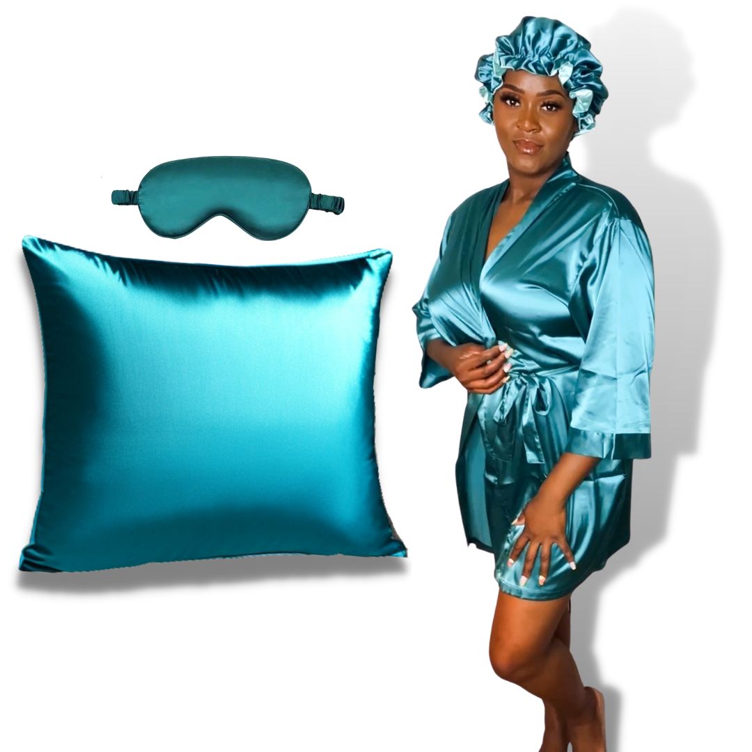 teal green  Customizable Women's Satin Robe, bonnet & Pillowcase Set (size S- 4XL )
